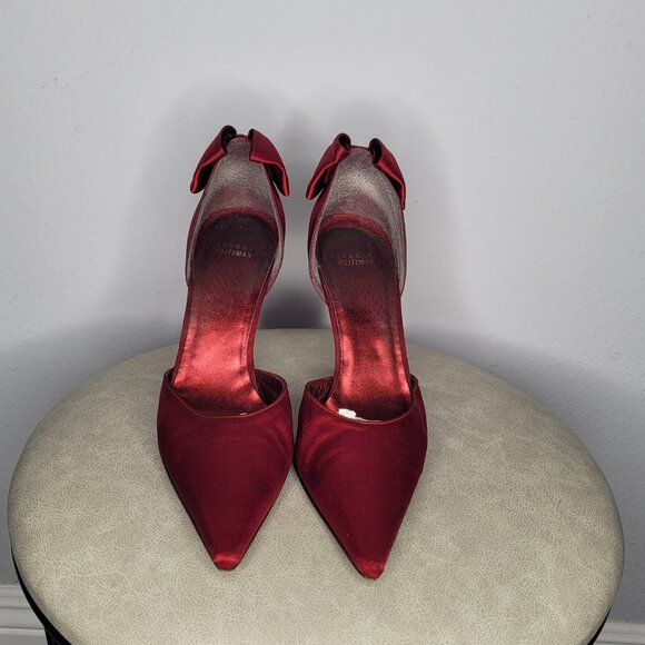 Stuart Weitzman Burgundy Satin Bow Pumps – Size 12M - Picture 6 of 10